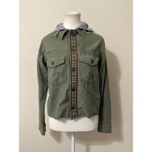 Free People Olive Green Utility Jacket Waffle Hood Tribal Trim Distressed XS